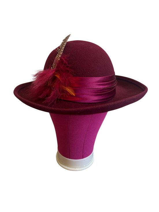 Geo W Bollman Accessories - Vintage Geo W Bollman Burgundy Wool Hat With Satin Ribbon & Feather Accent